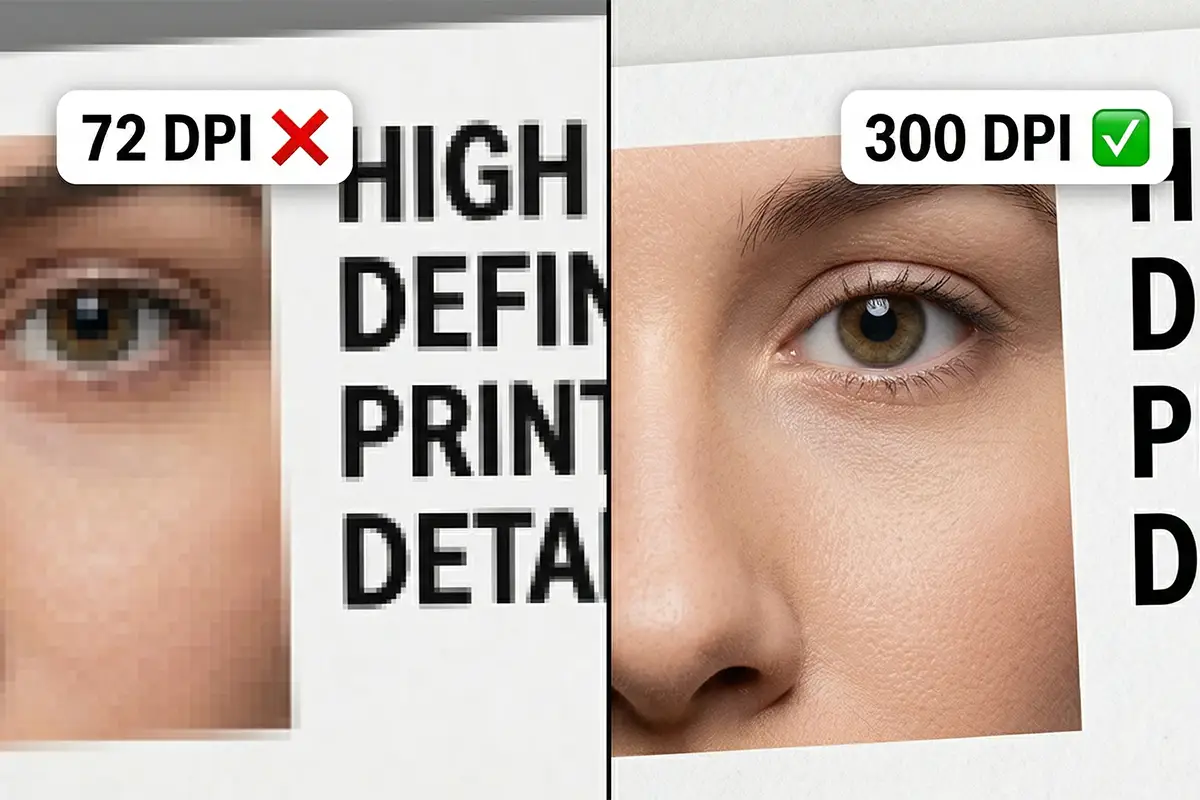 Side by side comparison of poster print quality at 72 DPI 150 DPI and 300 DPI showing visible sharpness differences in text and image detail