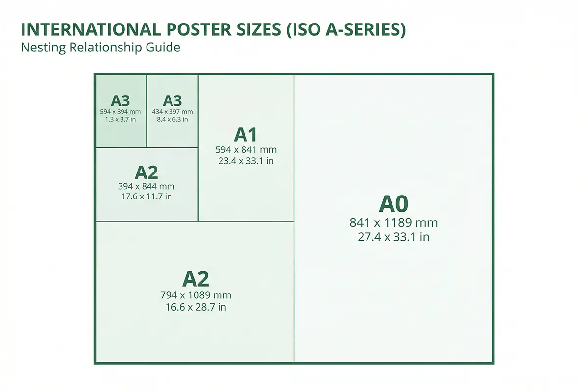 Poster Size Guide: Everything You Need To Know About Standard Poster Sizes Iso International Poster Sizes A0 A1 A2 And A3 With Exact Dimensions In Millimetres And Inches Shown In A Visual Scale Diagram