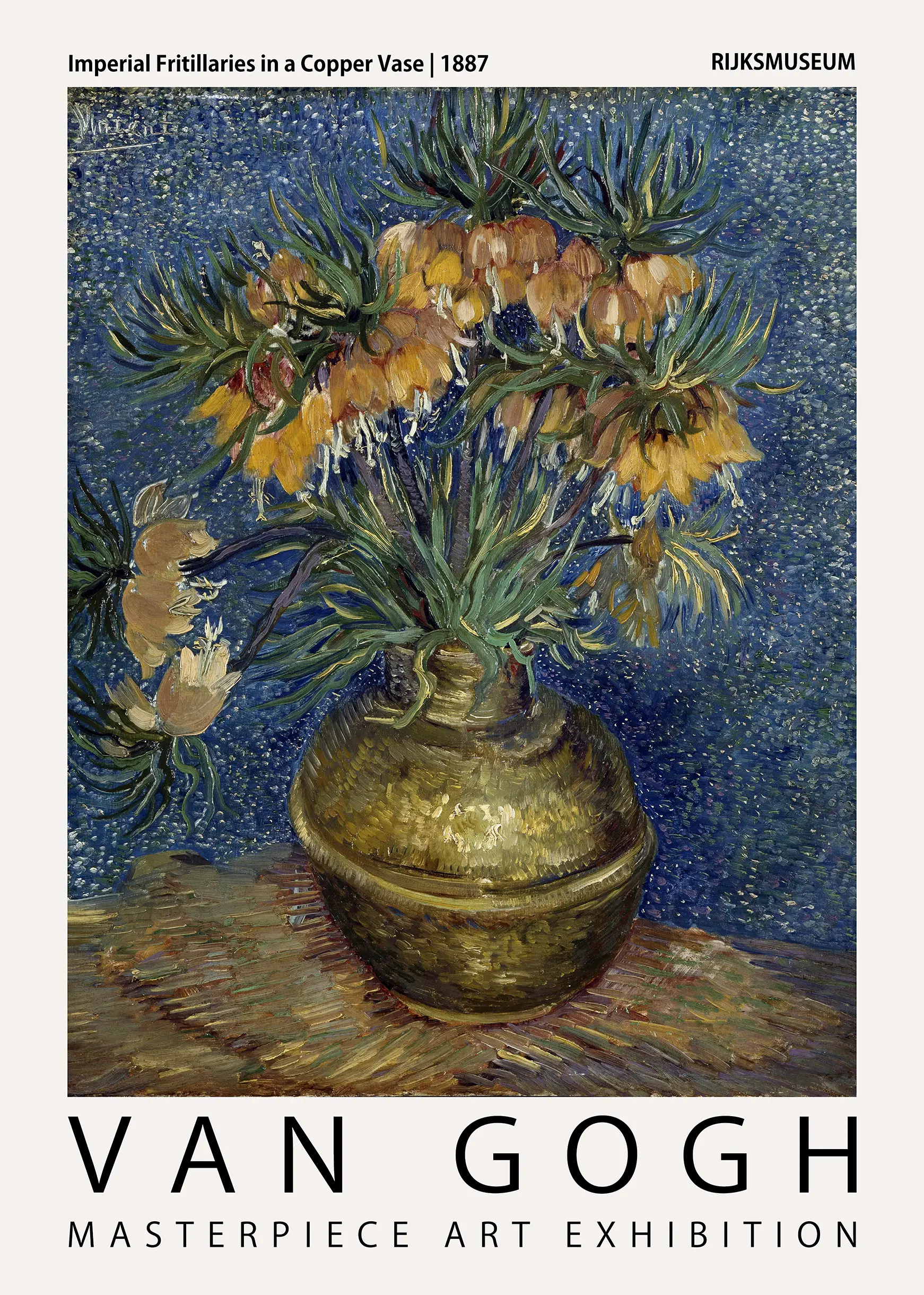 Classic Van Gogh Flower Print - Imperial Fritillaries 1887 Museum Poster Van Gogh Flower Print Of Imperial Fritillaries In A Copper Vase With A Stippled Blue Background And Orange-Yellow Flowers.