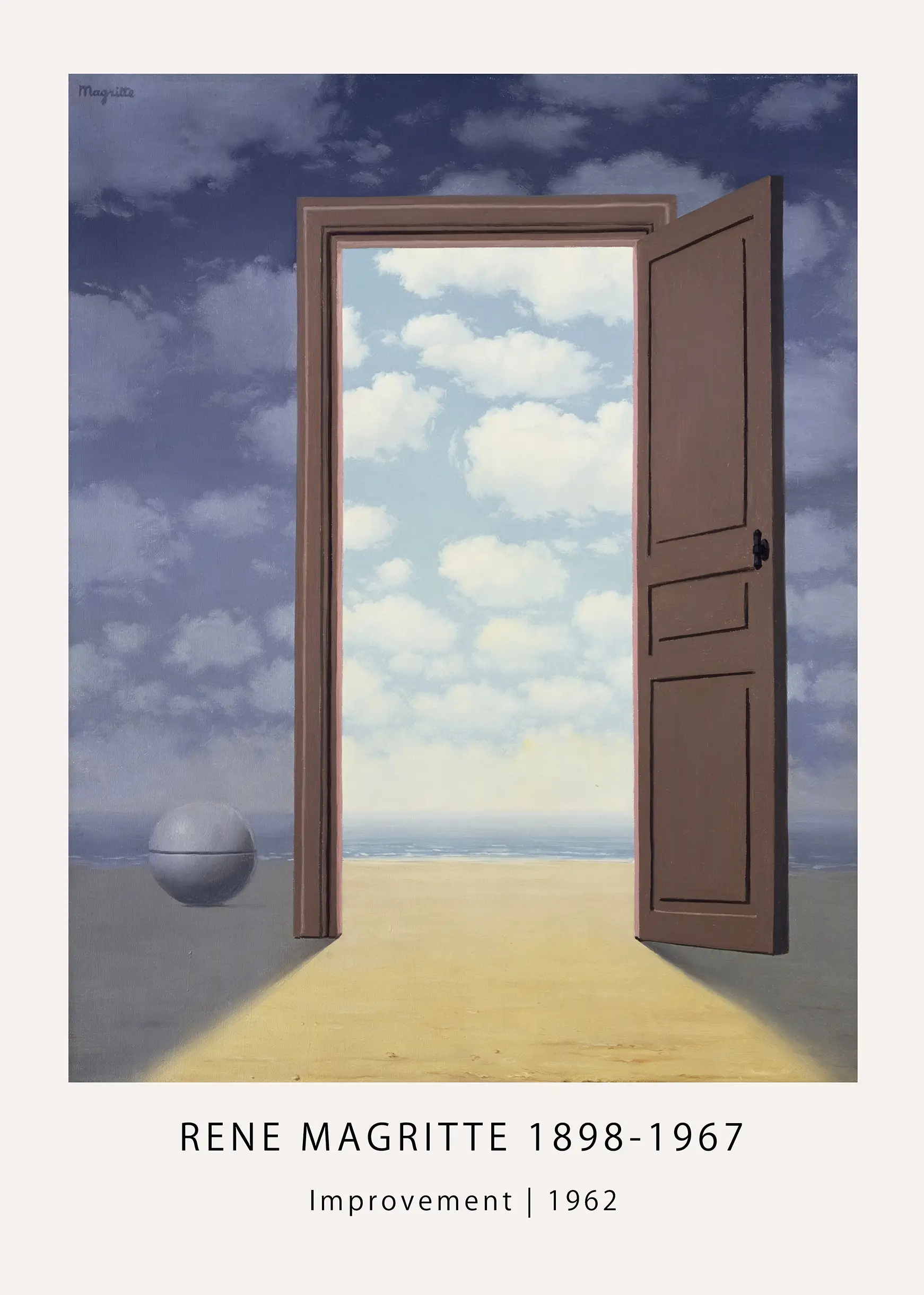 Rene Magritte Improvement - 1962 Surrealist Art Exhibition Poster Rene Magritte Improvement Poster Showing An Open Door On A Sandy Beach With A Stone Sphere And Cloudy Blue Sky.