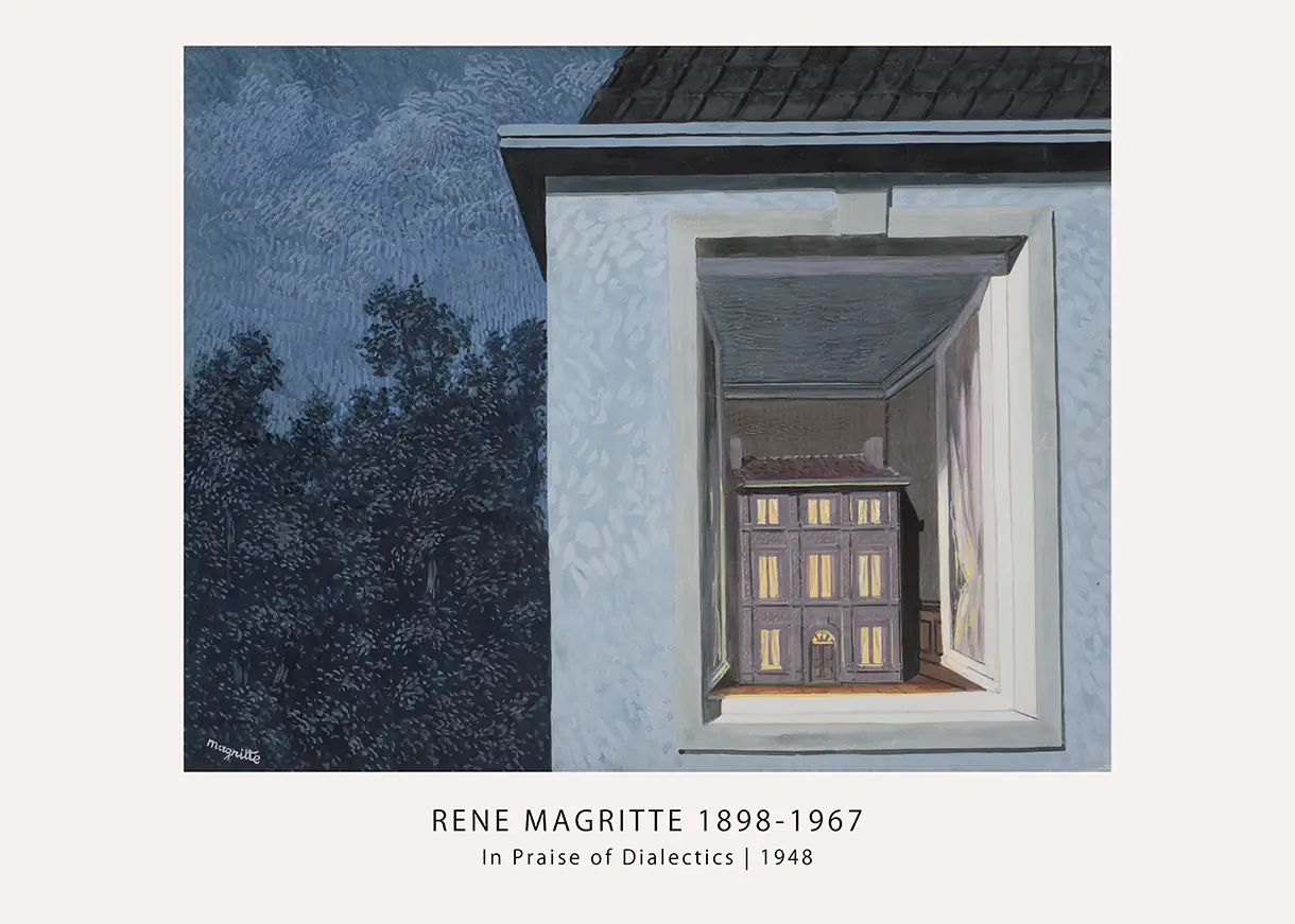 Magritte Dialectics print showing an open window revealing a small house with lit windows against a dark blue evening sky.