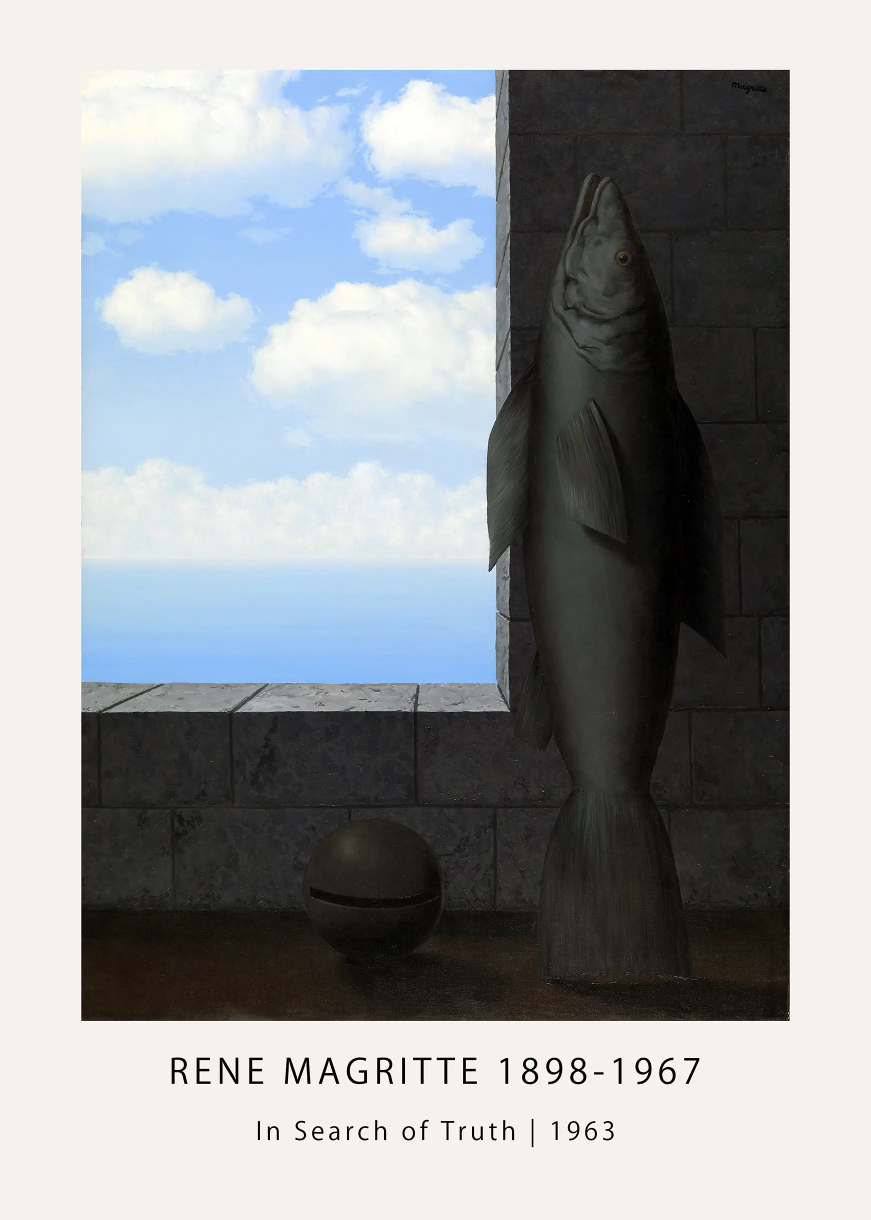 Authentic Magritte In Search Of Truth - 1963 Surrealism Poster Print Magritte In Search Of Truth Surrealist Poster Showing An Upright Fish In A Stone Room Beside A Spherical Jingle Bell.