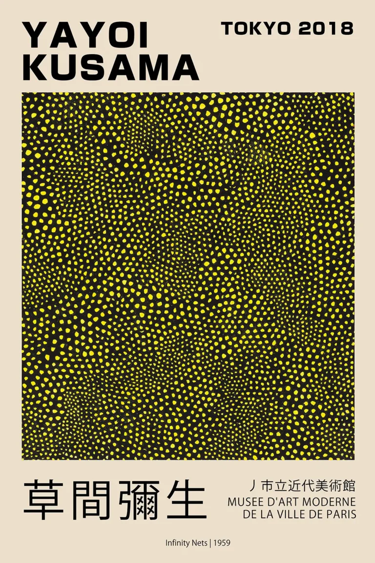 Yayoi Kusama Infinity Nets — hypnotic field of yellow dots on a deep black background, this Kusama