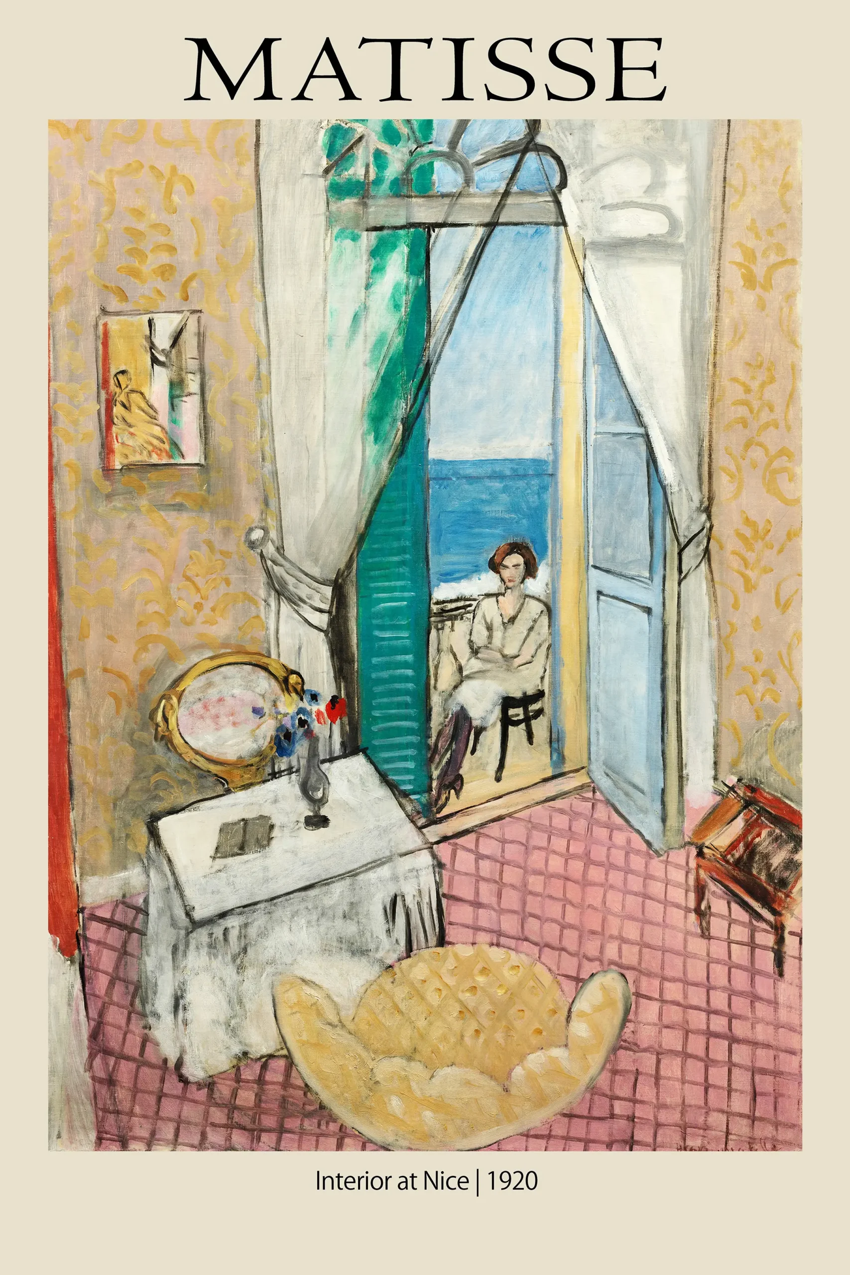 Exclusive Henri Matisse Interior At Nice - 1920 French Riviera Wall Art Henri Matisse Interior At Nice 1920 Painting Showing A Woman On A Balcony, Pink Tiled Floor, And Blue Mediterranean Sea.