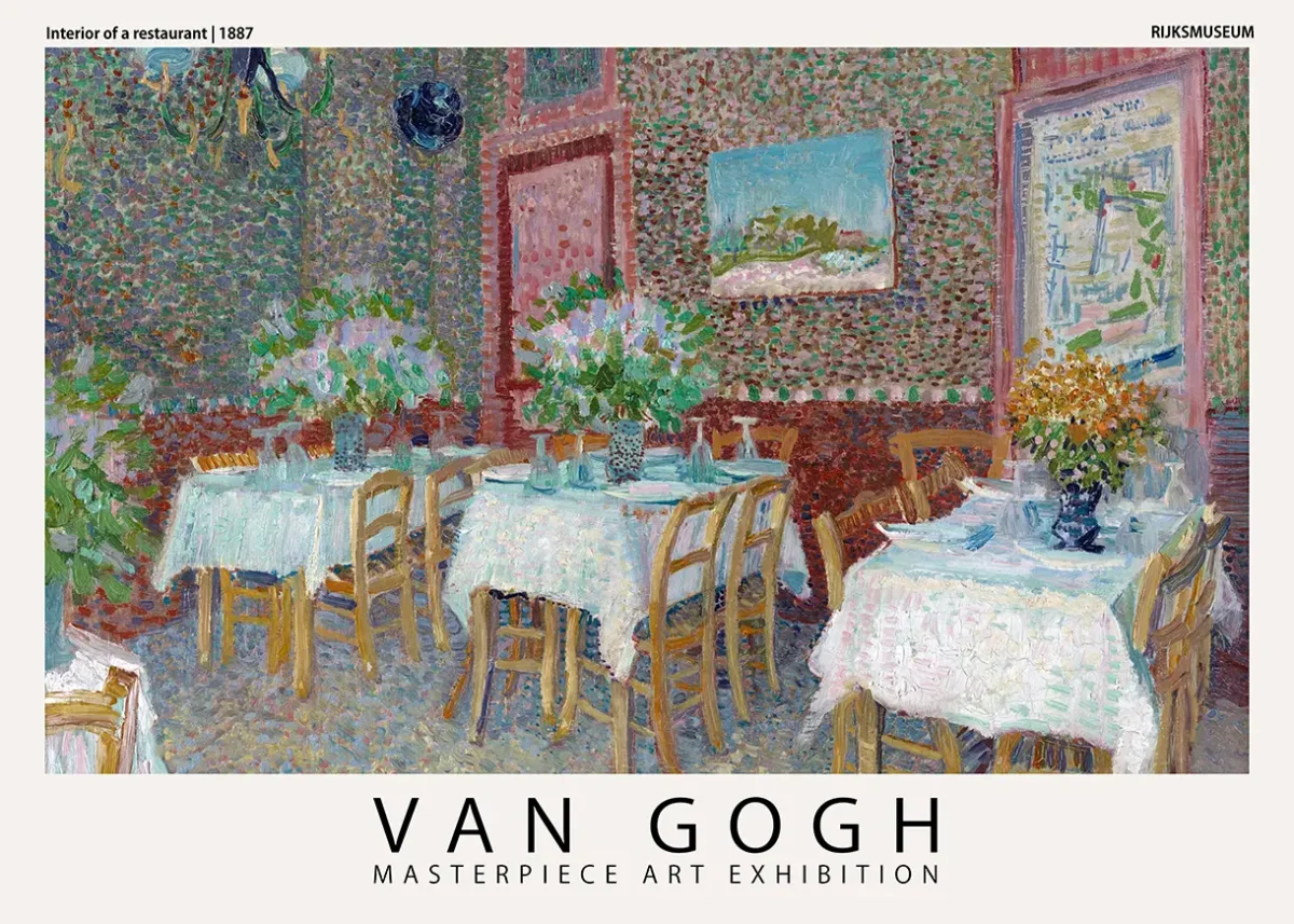 Van Gogh restaurant print featuring 1887 pointillist interior with dining tables floral arrangements and archival textures.