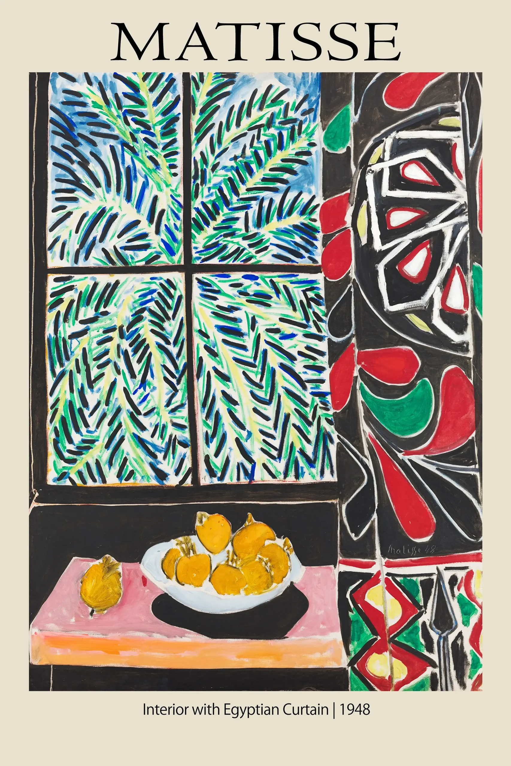 Classic Matisse Egyptian Curtain - 1948 Fauvist Interior Art Print Matisse Egyptian Curtain Art Print Featuring A Window With Palms, A Black Patterned Curtain, And Yellow Pomegranates.