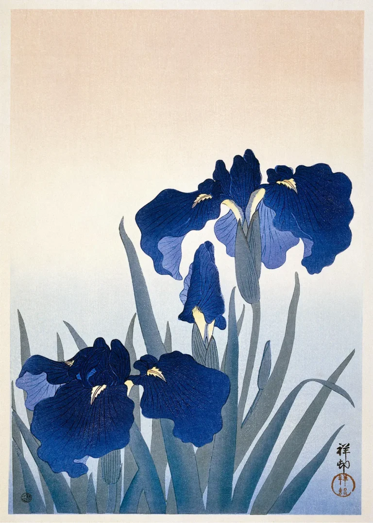 Iris Flower Woodblock — deep indigo iris blossoms rise against a soft gradient background in