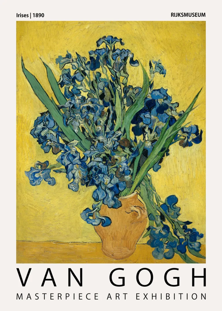 Vincent van Gogh Irises — vibrant study of deep blue irises in a rustic clay pitcher set against