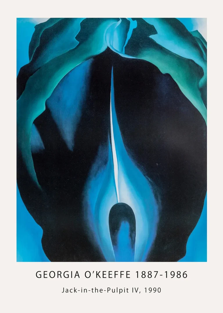 Georgia O'Keeffe print of Jack-in-the-Pulpit IV showing abstract blue and black floral petals with a white central sliver.