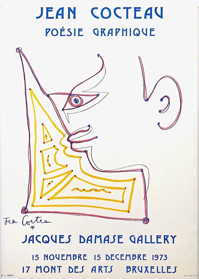 Exclusive Jean Cocteau Poster - 1973 Jacques Damase Exhibition Art Jean Cocteau Poster Featuring 1973 Jacques Damase Gallery Exhibition Line Art Of A Face In Blue, Yellow, And Red Colors.