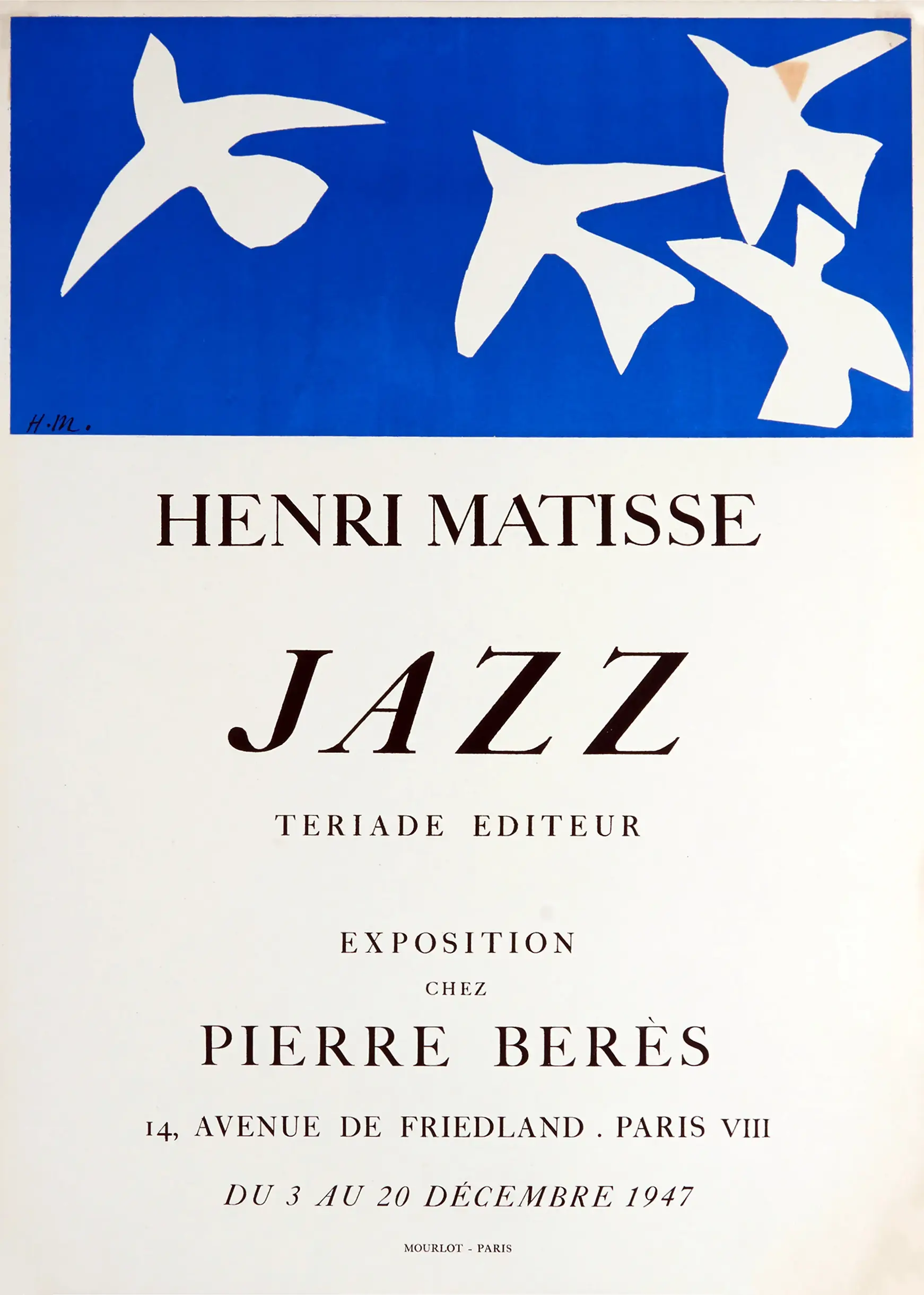 Authentic Matisse Jazz Poster - 1947 Paris Exhibition Art Print Matisse Jazz Poster Featuring Four White Birds On A Blue Background Above 1947 Galerie Pierre Berès Exhibition Text.