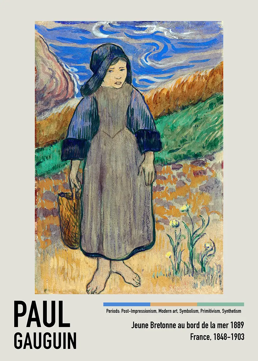Paul Gauguin Art Print - Jeune Bretonne Au Bord De La Mer 1889 Poster Paul Gauguin Art Print Of A Young Breton Girl In Traditional Dress Holding A Basket Against A Swirling Sea Backdrop.