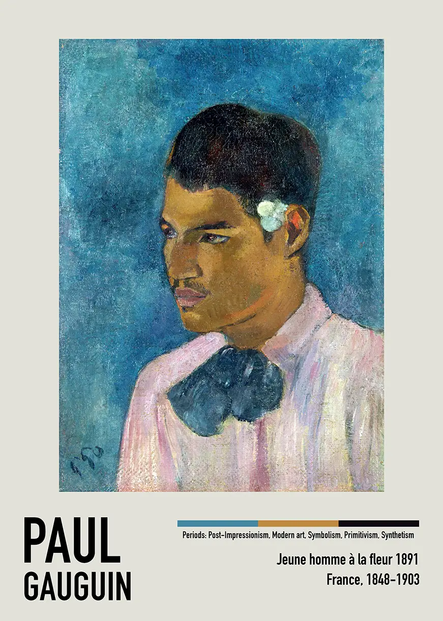 Paul Gauguin Poster - Jeune Homme À La Fleur 1891 Museum Art Paul Gauguin Poster Showing Jeune Homme À La Fleur 1891 With A Man In A Pink Shirt Against A Blue Backdrop.