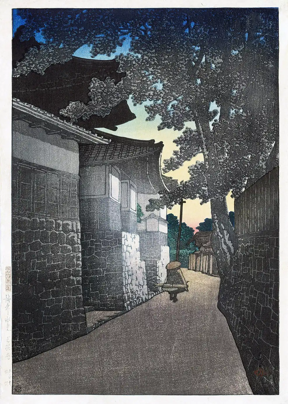 Kosho Temple Print depicting a 1921 Kyoto street at dawn with a large tree, stone walls, and a person in a conical hat.