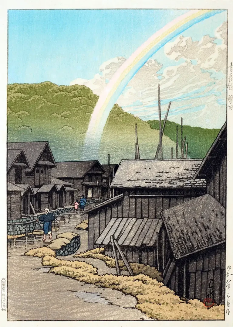 Hasui Kawase Kanita Aomori — luminous rainbow arcs over a traditional village in Kanita, Aomori