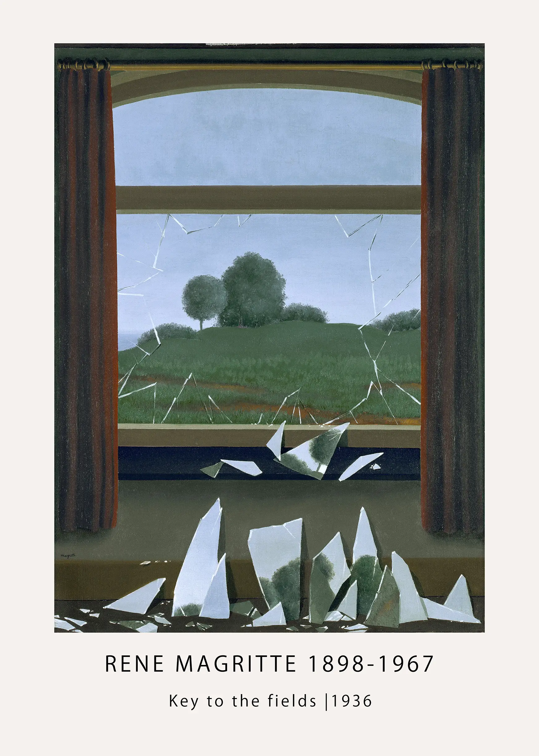 Classic Magritte Key To The Fields - 1936 Surrealist Art Poster Magritte Key To The Fields Poster Showing A Shattered Window Where Glass Shards Depict The Green Landscape And Blue Sky.