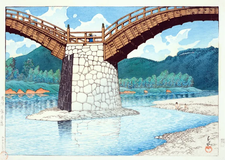 Kintai Bridge Suo Province — vibrant woodblock print of the arched Kintai Bridge in Suo Province by