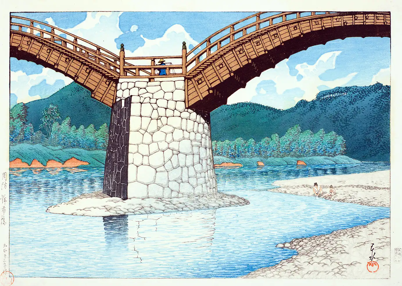 Kintai Bridge print featuring a 1924 Japanese woodblock scene with wooden arches, stone piers, and a blue river.