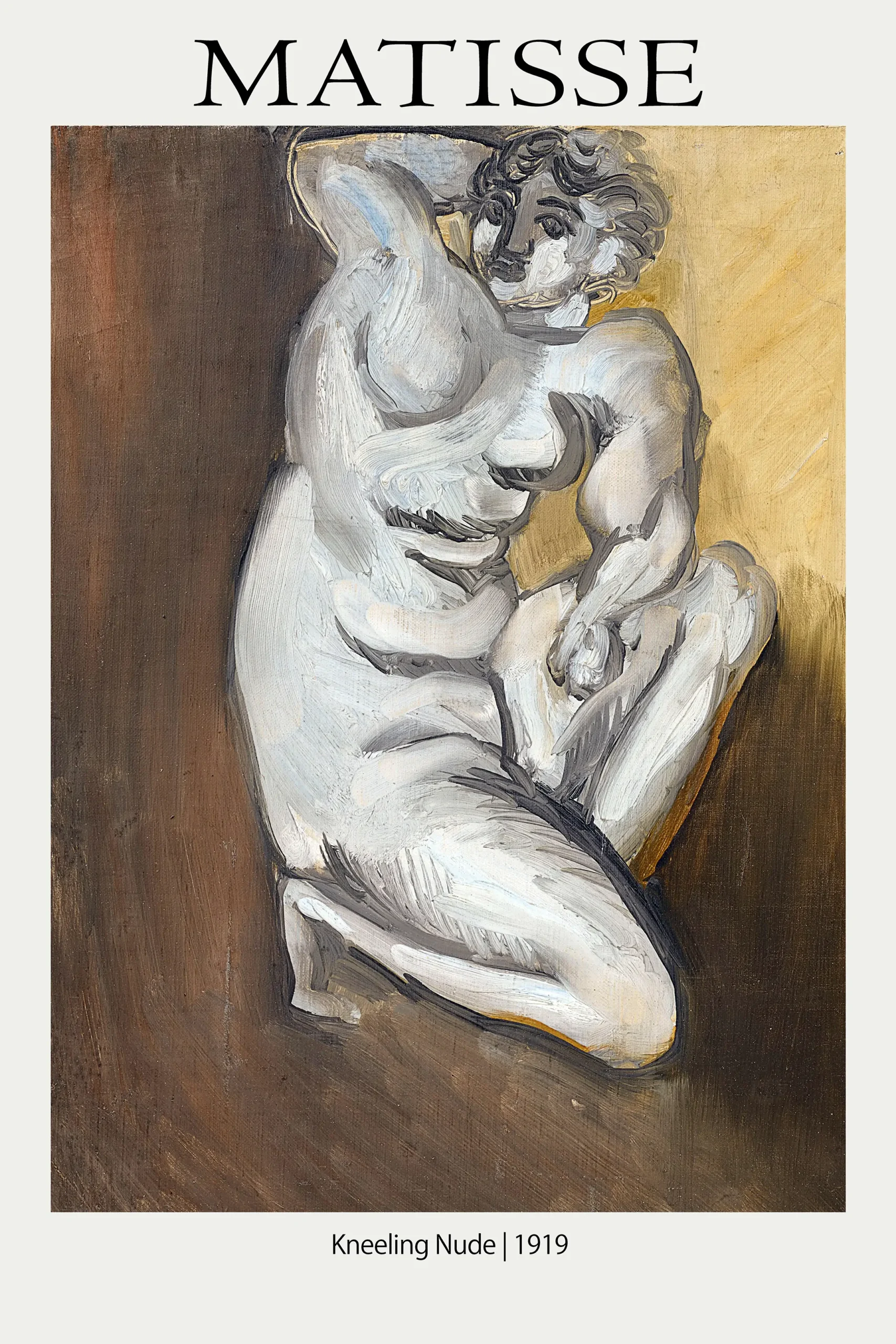Classic Henri Matisse Kneeling Nude - 1919 Modernist Figurative Art Print Henri Matisse Kneeling Nude 1919 Painting With Visible Brushstrokes In Shades Of Gray, White, And Brown.