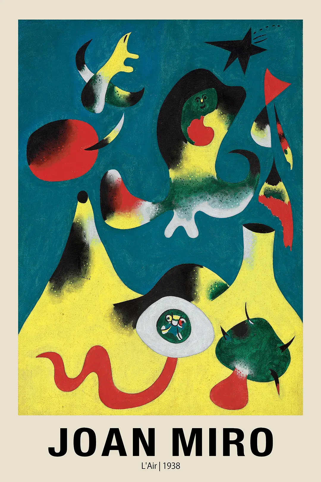 Joan Miró L'Air Print - 1938 Surrealist Abstract Museum Poster Joan Miró L'Air Print Featuring Abstract Yellow, Red, And Green Biomorphic Shapes On A Teal Background From 1938.