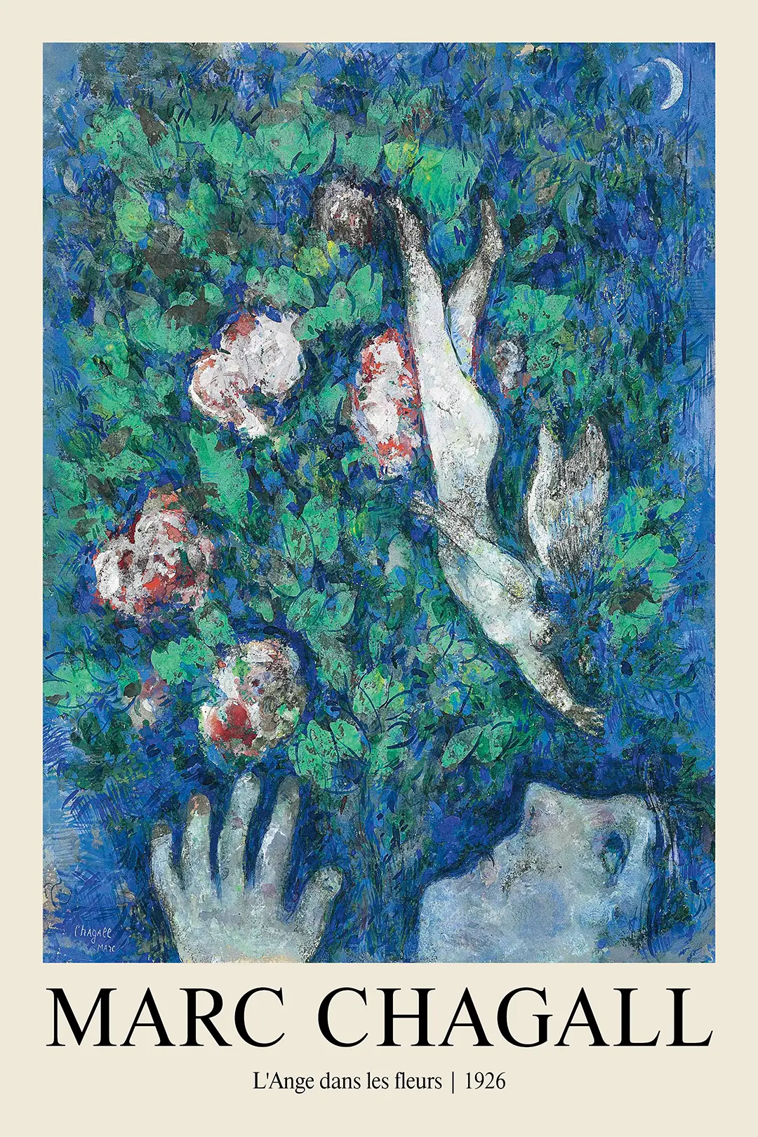 Marc Chagall Art Print depicting a white angel flying into blue flowers with a crescent moon and human profile.