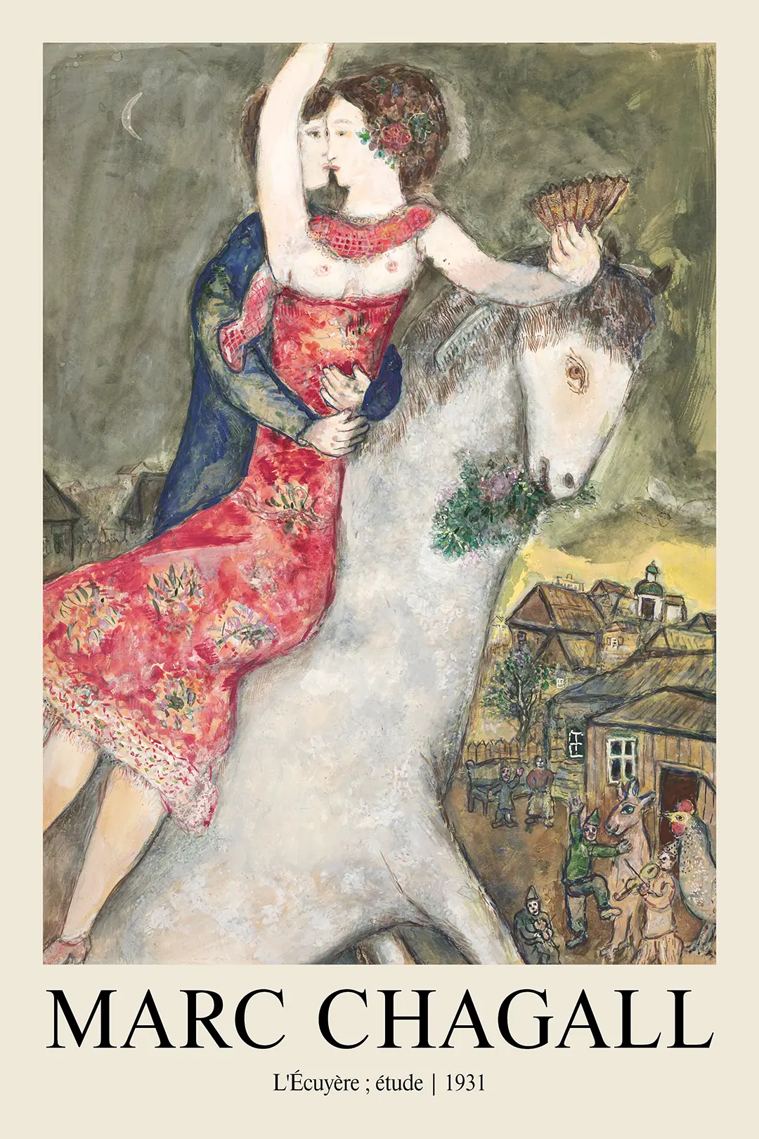 Classic Marc Chagall Print - L'Écuyère 1931 Surrealist Village Wall Art Marc Chagall Print Of L'Écuyère 1931 Featuring A Man And Woman On A White Horse Over A Russian Village Scene.