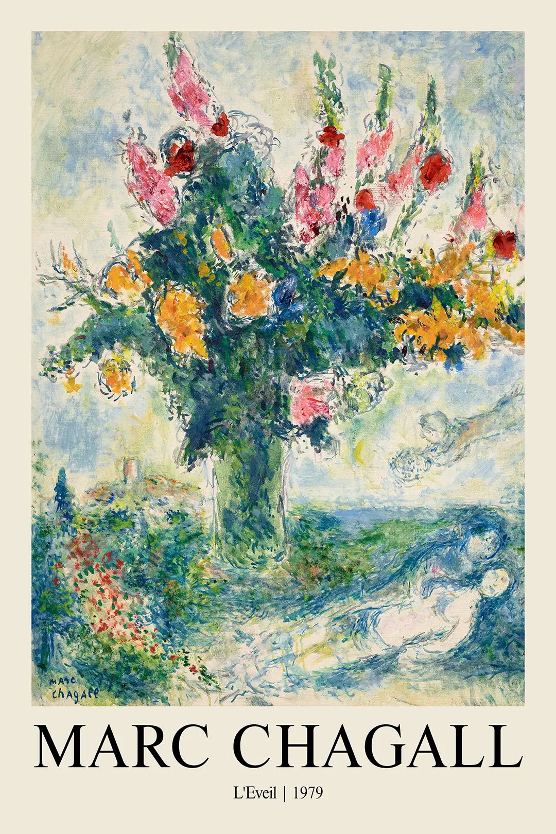 Authentic Marc Chagall Poster - L'Eveil 1979 Exhibition Art Print Marc Chagall Poster L'Eveil 1979 Featuring A Large Bouquet Of Orange And Pink Flowers With Lovers In The Background.
