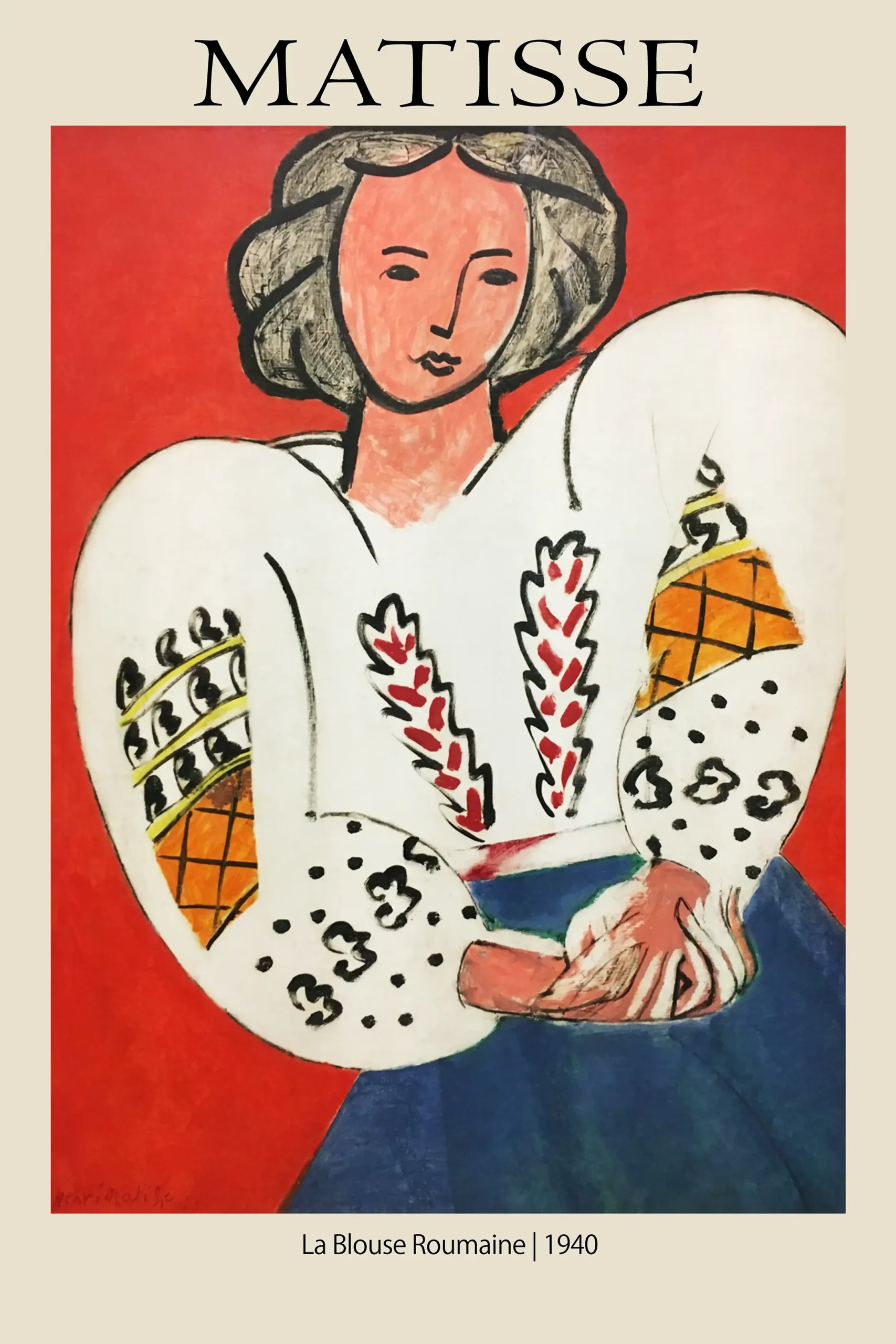 Exclusive Matisse Romanian Blouse - 1940 Modern Art Exhibition Print Matisse Romanian Blouse Print Featuring A Woman In A White Embroidered Shirt Against A Solid Red And Blue Background.