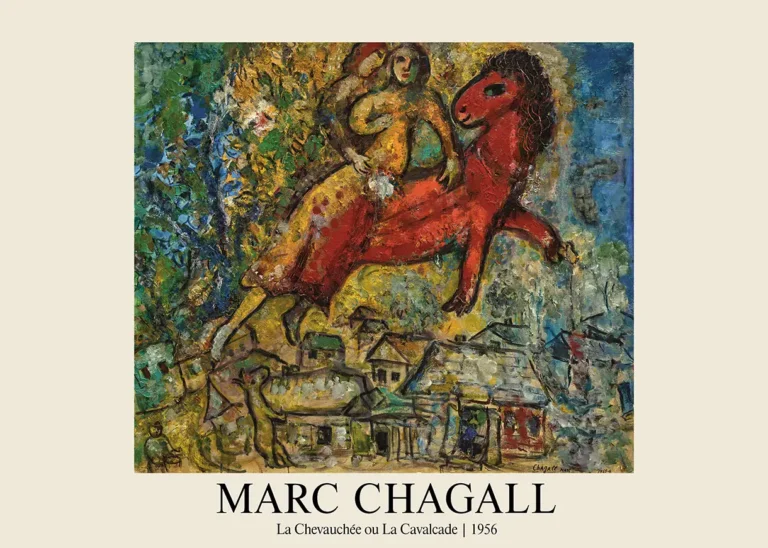 Marc Chagall la Chevauchée — whimsical Marc Chagall art print depicting a woman riding a vibrant red