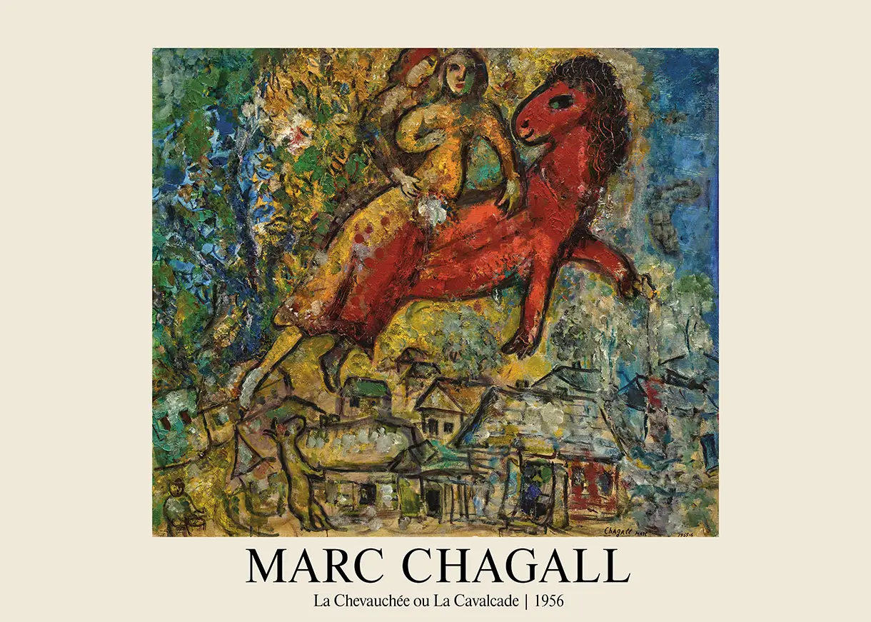 Authentic Marc Chagall Print - La Chevauchée 1956 Surrealist Wall Art Marc Chagall Print Of La Chevauchée Featuring A Woman In Yellow Riding A Red Horse Over A Village Under A Blue Sky.