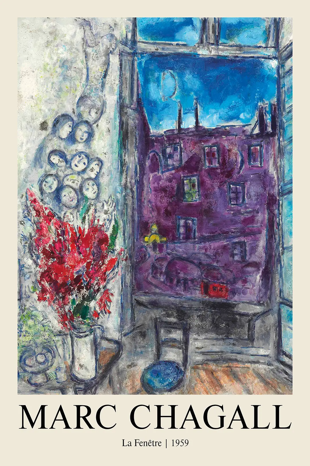 Classic Marc Chagall Wall Art - La Fenêtre 1959 Surrealist Floral Print Marc Chagall Wall Art Showing La Fenêtre 1959 With A Purple Building, Red Flowers, And Floating Faces In Surrealist Style.