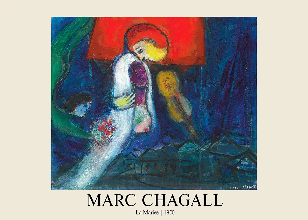 Classic Marc Chagall La Mariée - 1950 Surrealist Wedding Wall Art Print Marc Chagall La Mariée Painting Featuring A White-Clad Bride, Red Figure, And Blue Background With Village.