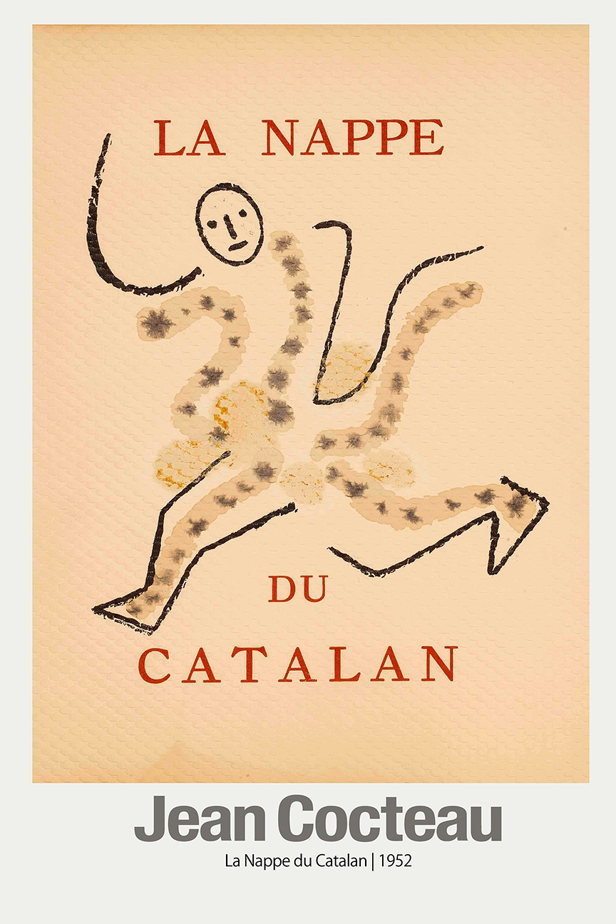 Classic Jean Cocteau Print - La Nappe Du Catalan 1952 Vintage French Art Jean Cocteau Print: La Nappe Du Catalan 1952, A Whimsical Line Drawing Of A Figure With Dotted Limbs On Cream Paper.