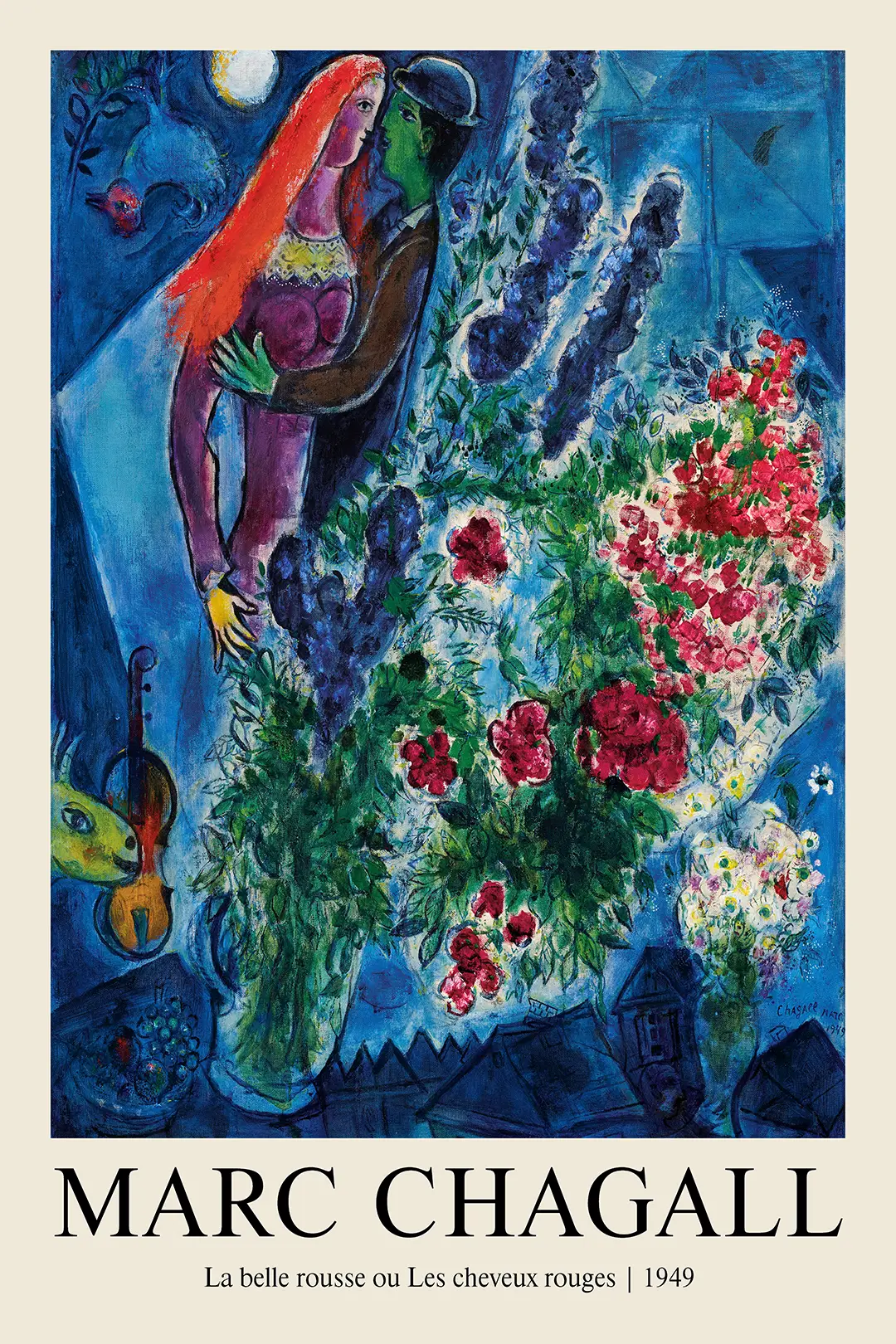 Marc Chagall Print - La Belle Rousse 1949 Vintage Modernist Wall Art Marc Chagall Print 1949 La Belle Rousse Featuring A Couple Embracing With Red Flowers And Blue Rooftops In Surreal Style.