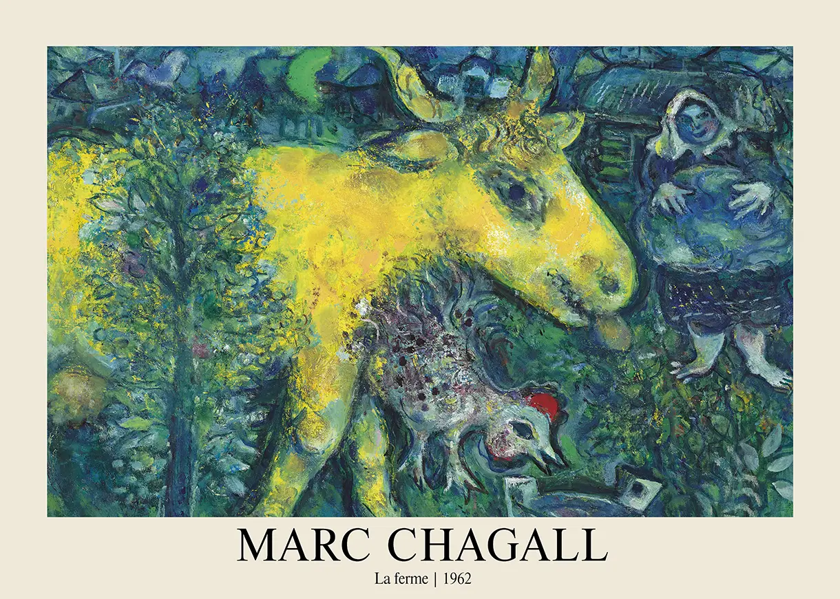 Marc Chagall La Ferme - 1962 Surrealist Farm Art Exhibition Poster Marc Chagall La Ferme Art Print Showing A Large Yellow Cow And A Chicken In A Blue Surrealist Night Scene.