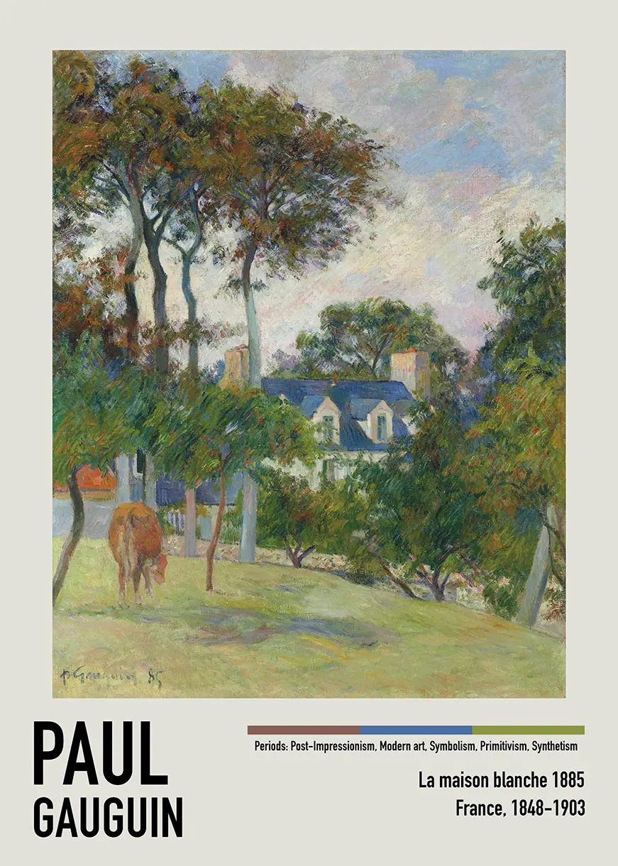 Authentic Paul Gauguin Art Print - La Maison Blanche 1885 Poster Paul Gauguin Art Print Showing La Maison Blanche 1885 With A Cow In A Green Meadow And White House.
