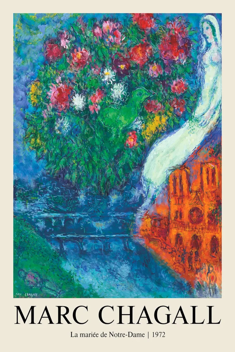 Marc Chagall la Mariée — dreamlike Marc Chagall painting featuring a white-clad bride, vibrant