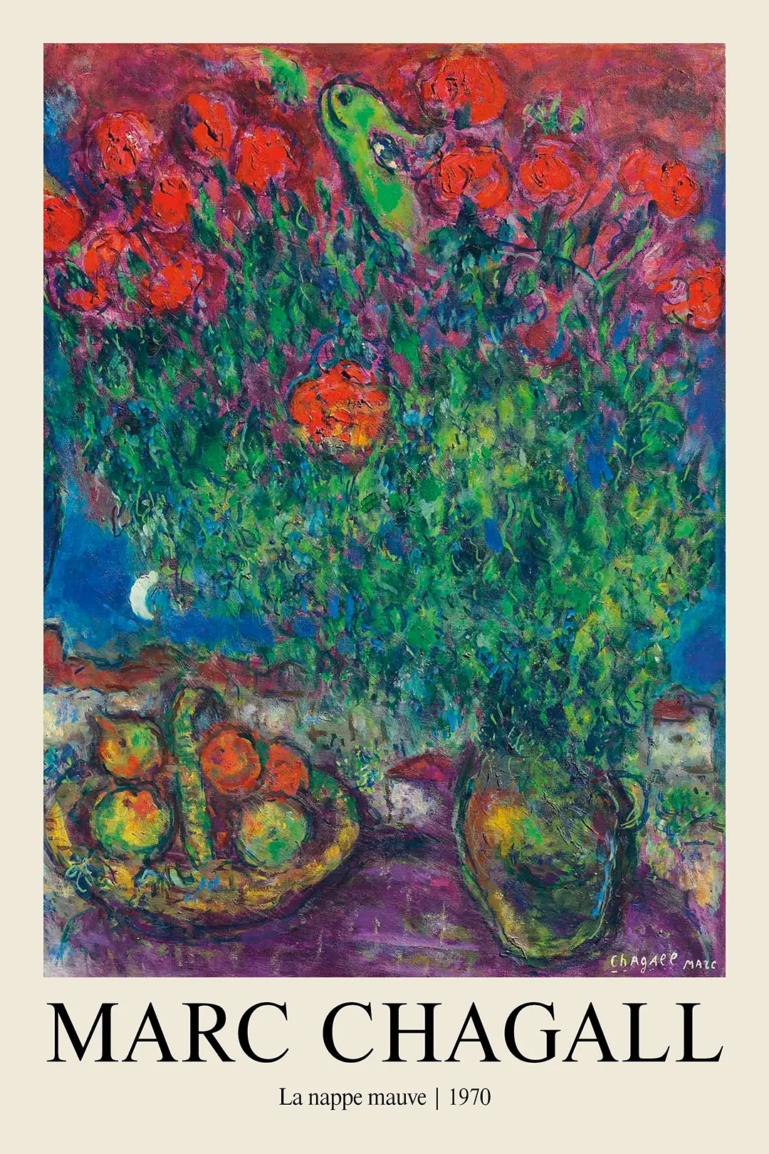 Marc Chagall Print - La Nappe Mauve 1970 French Modernist Art Marc Chagall Print Of La Nappe Mauve 1970 Featuring A Purple Tablecloth, Green Floral Vase, And A Crescent Moon.