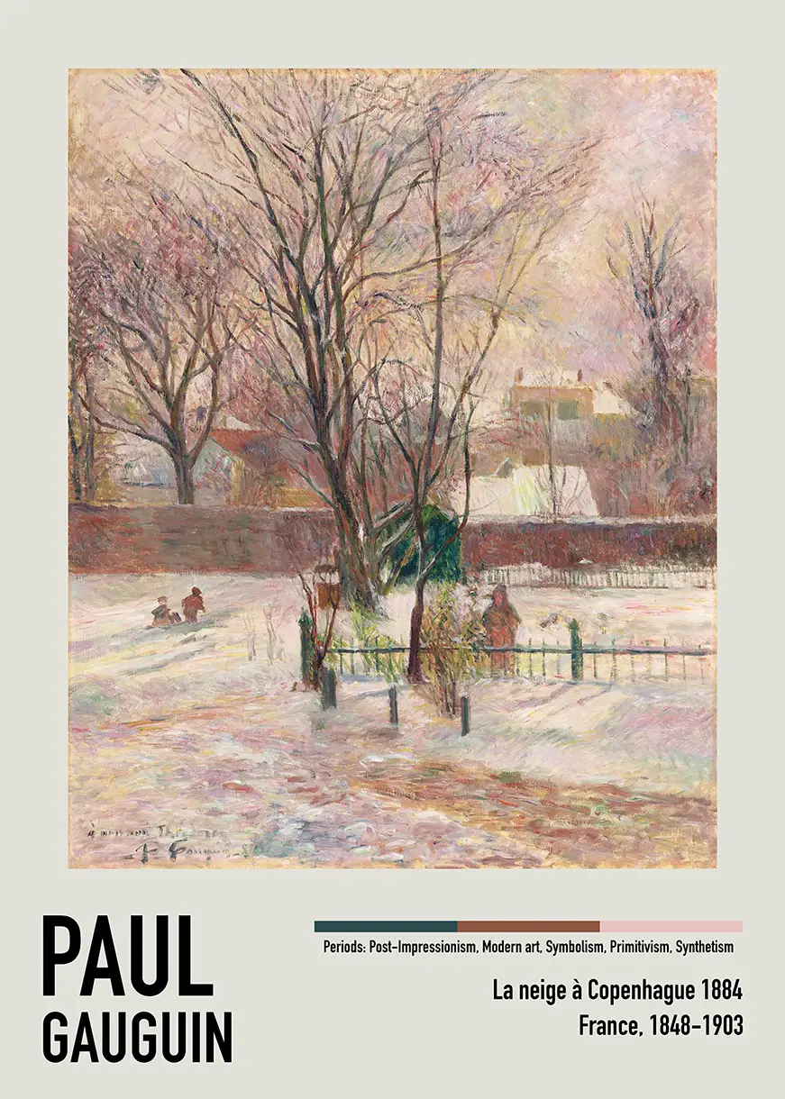 Gauguin Copenhagen Print - La Neige À Copenhague 1884 Art Poster Gauguin Copenhagen Print Showing A Snowy 1884 Landscape With Bare Trees, Distant Houses, And People Walking In The Snow.