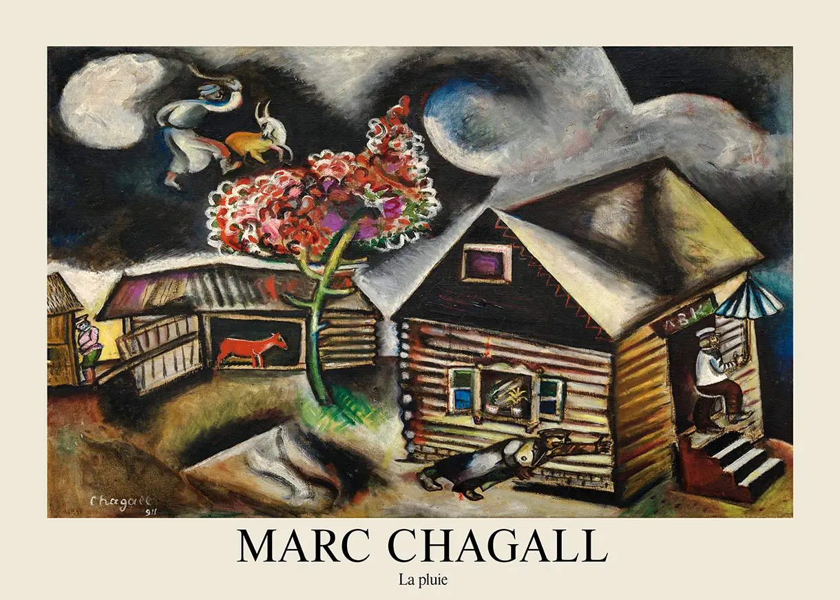 Classic Marc Chagall La Pluie - 1911 Surrealist Village Art Print Marc Chagall La Pluie Print Featuring A Russian Village, A Red Cow, And Figures Floating In A Dark, Cloudy Sky.