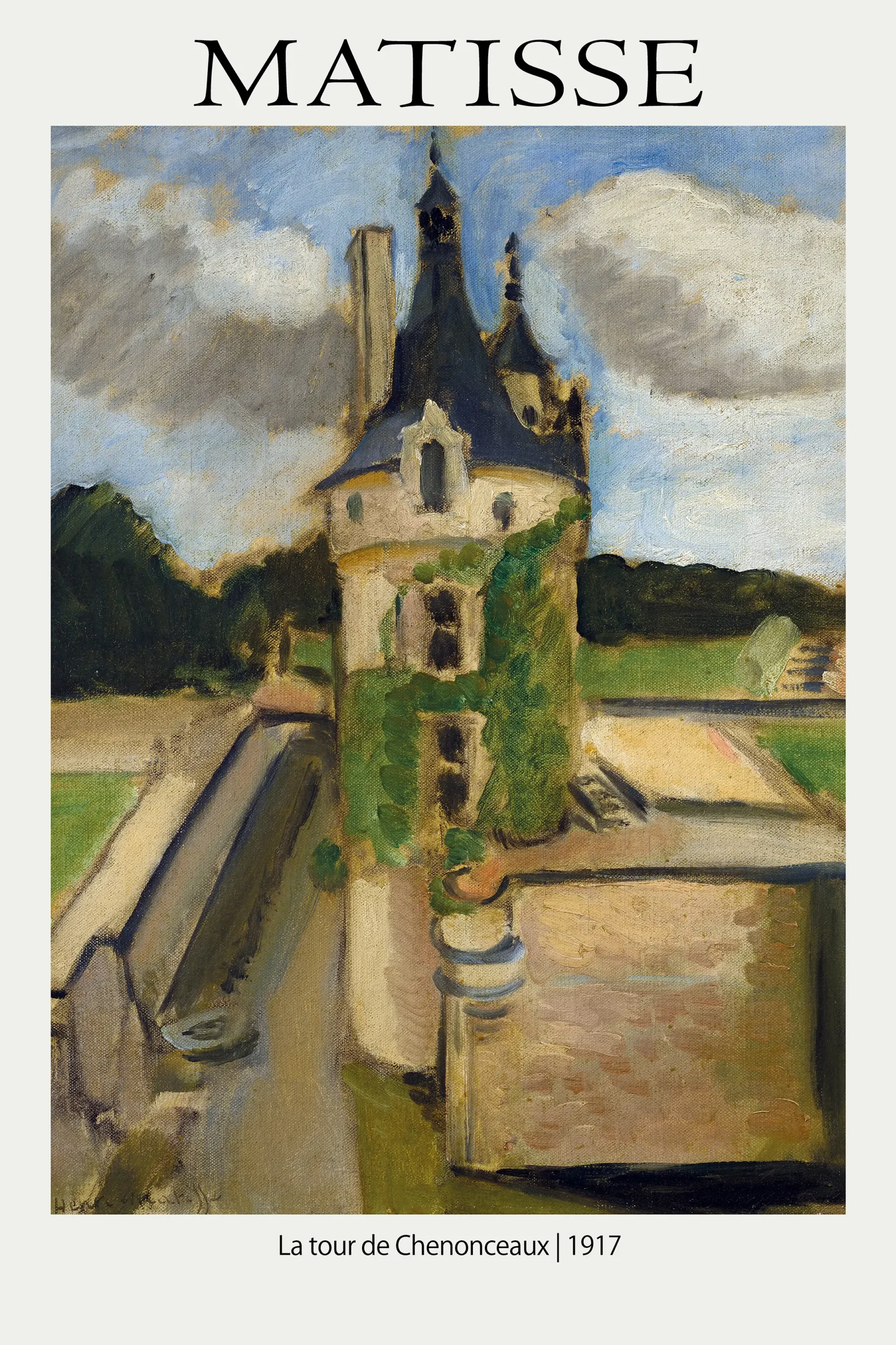 Authentic Matisse Chenonceaux Print - 1917 French Chateau Fine Art Poster Matisse Chenonceaux Print. A 1917 Post-Impressionist Oil Painting Of A French Chateau Tower With Ivy And Cloudy Sky.