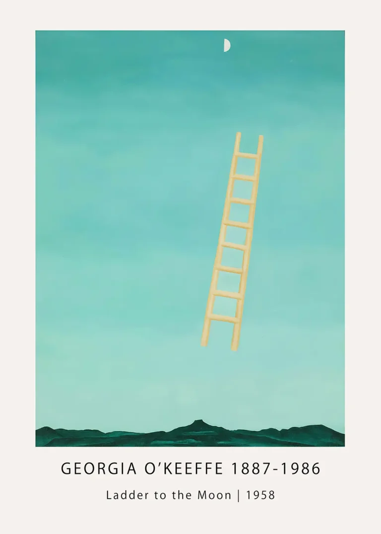 Georgia O'Keeffe print of Ladder to the Moon 1958 with a wooden ladder over New Mexico mountains and a crescent moon.