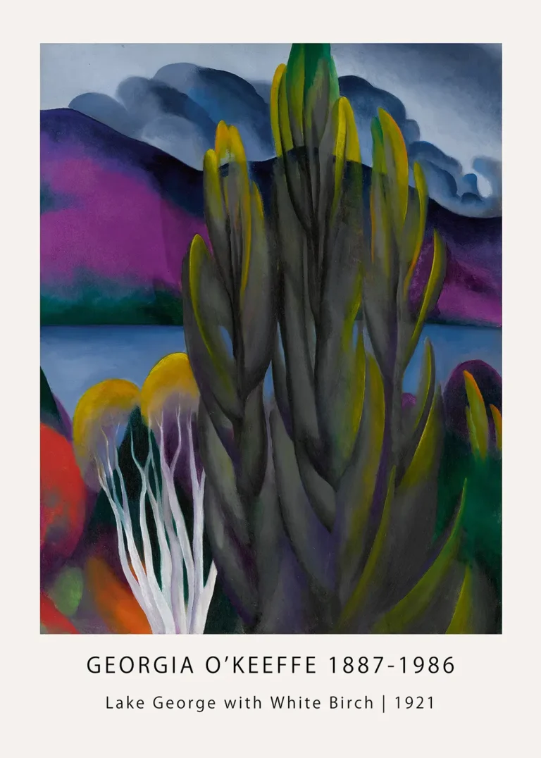 Georgia O'Keeffe print of white birch trees against Lake George and purple mountains in a modernist painting style.