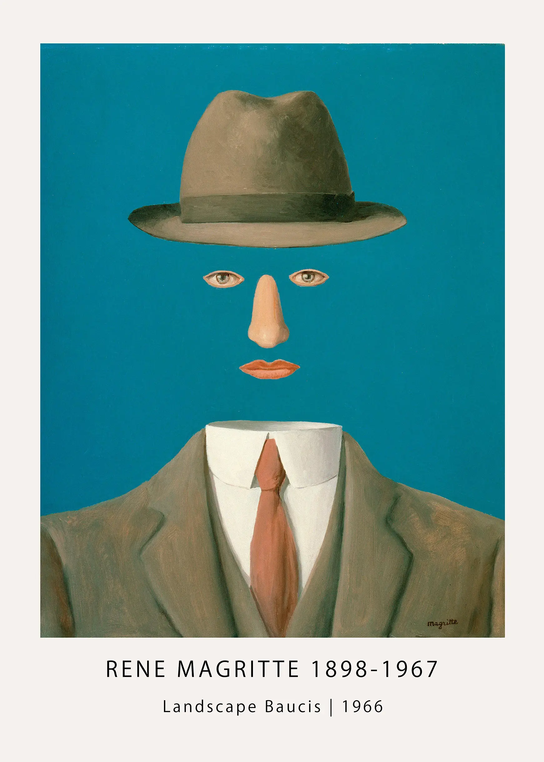Magritte Baucis Print - Authentic 1966 Surrealist Gallery Poster Magritte Baucis Print Featuring A Floating Bowler Hat, Eyes, Nose, And Mouth Above A Suit On A Teal Background.