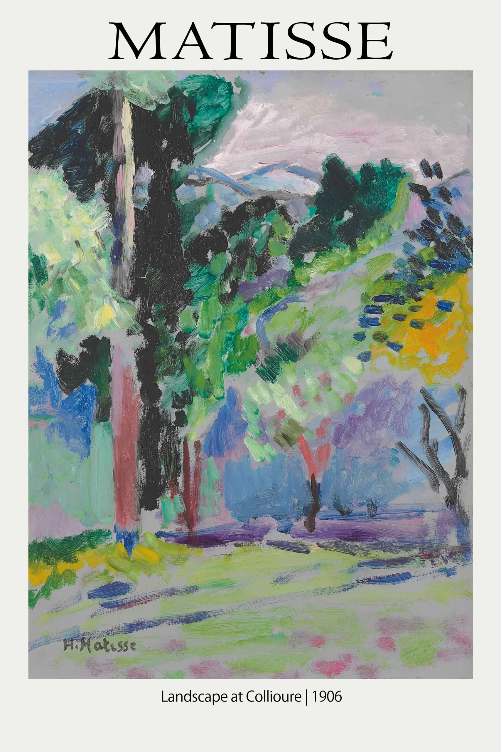 Exclusive Matisse Collioure Print - 1906 Fauvist Wall Art Decor Matisse Collioure Print Featuring Expressive Green Trees, Violet Mountains, And Blue Shadows In Fauvist Style.