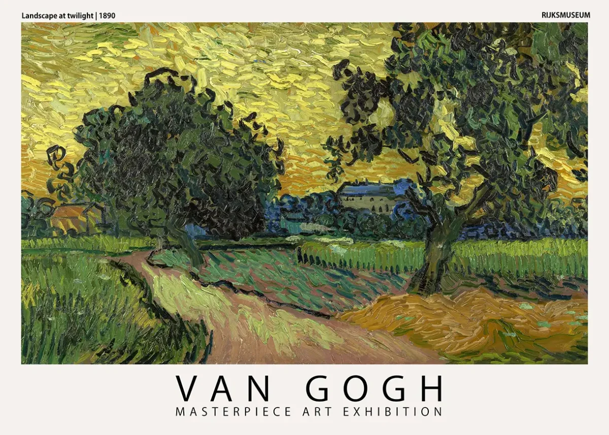 Van Gogh twilight poster featuring a 1890 landscape painting with a yellow swirling sky and dark trees in Auvers-sur-Oise.