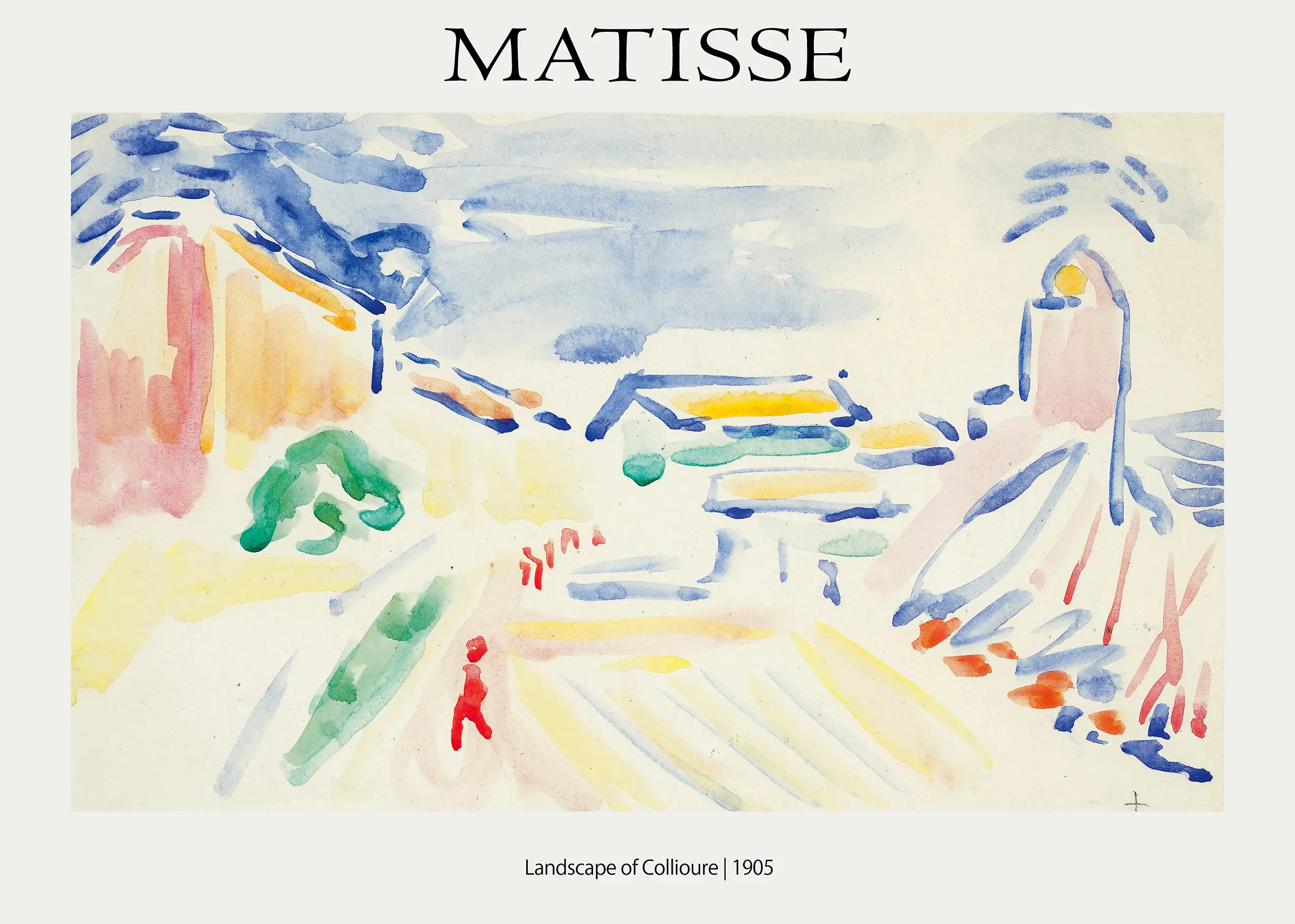 Henri Matisse Print - 1905 Landscape Of Collioure Fauvism Wall Art Henri Matisse Print Of Landscape Of Collioure 1905 With Primary Color Watercolor Strokes And A Red Figure.