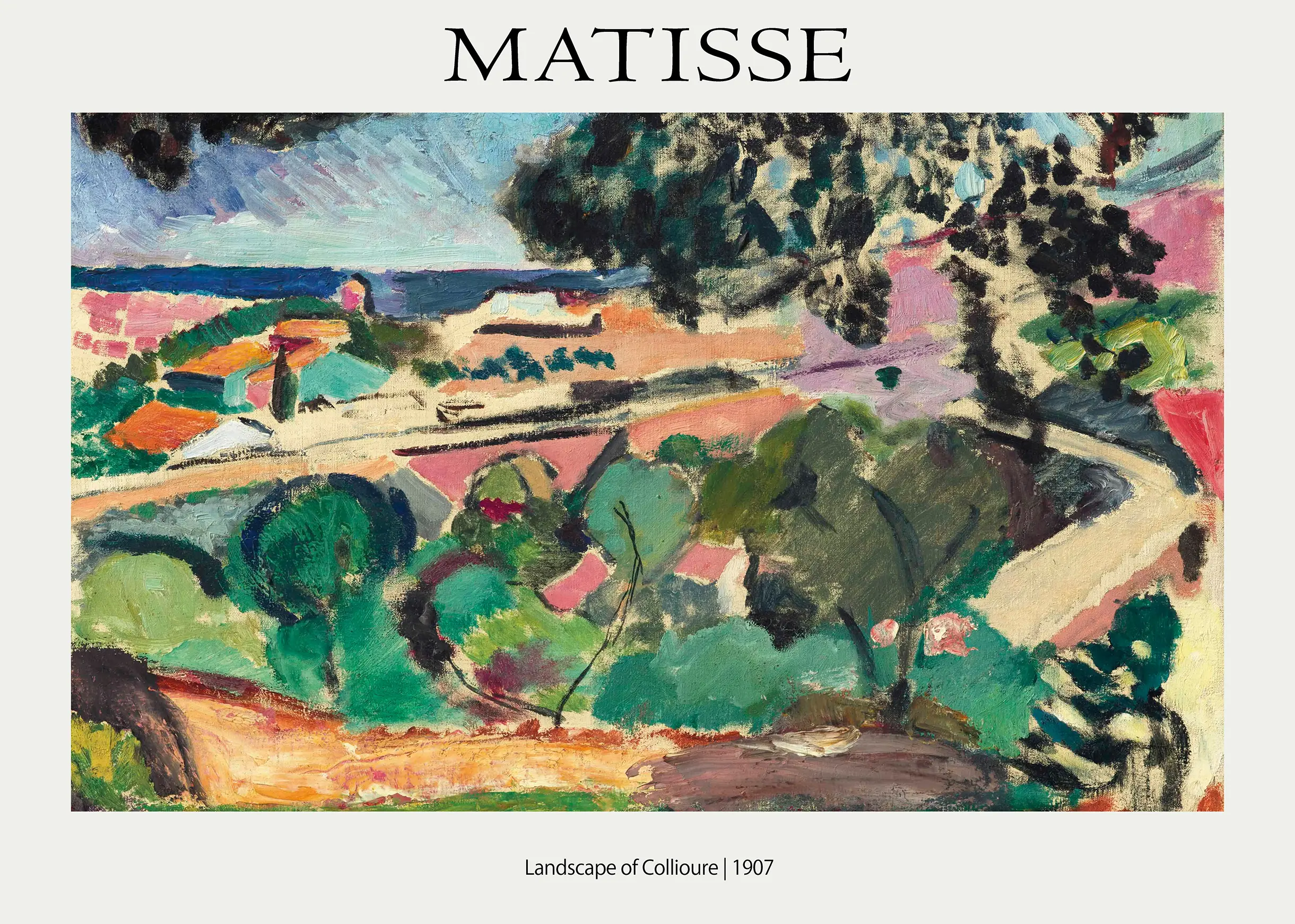 Classic Matisse Collioure Print - 1907 Fauvism Landscape Art Poster Matisse Collioure Print Featuring A 1907 Fauvist Landscape With Bold Red Roofs, Green Trees, And Blue Sea In France.