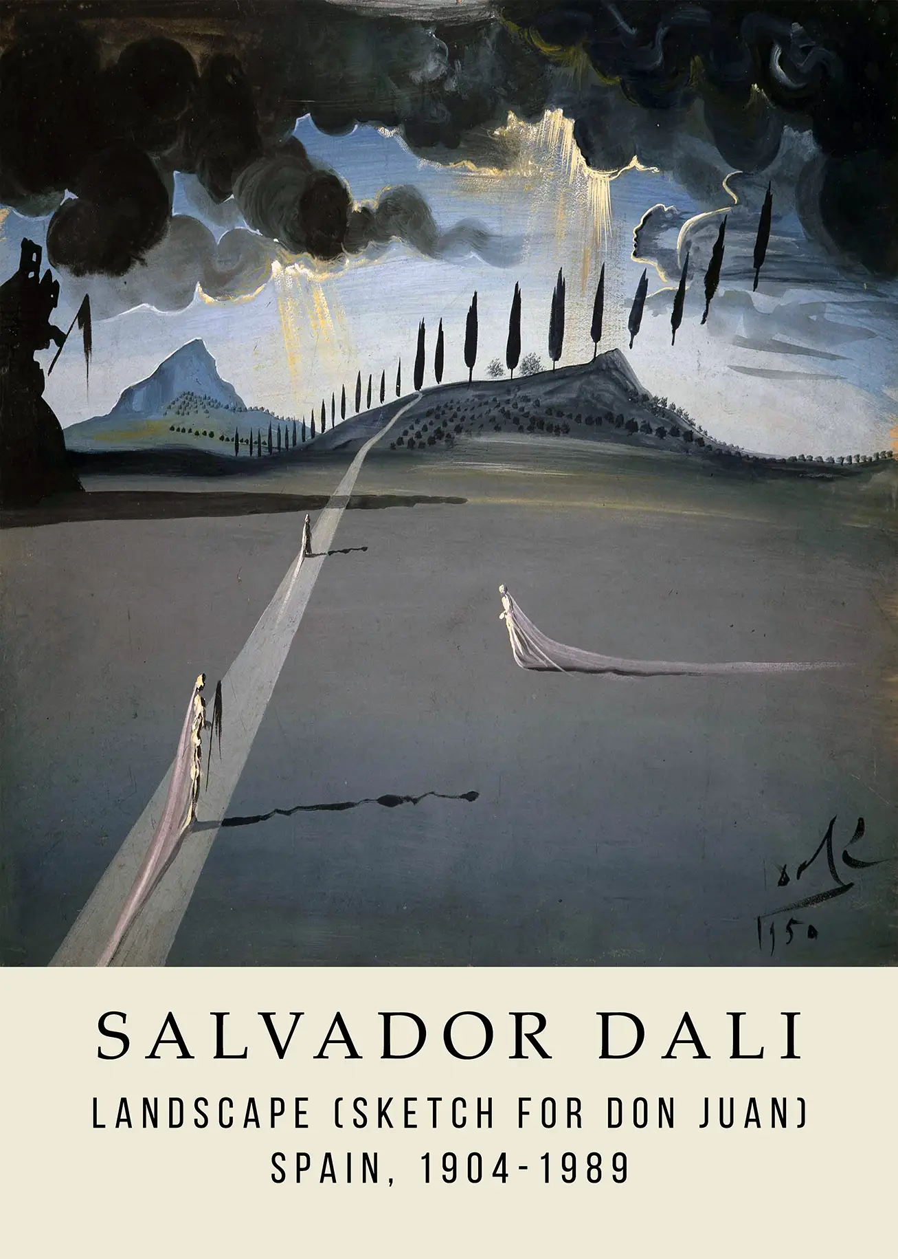Salvador Dali Landscape Print - Don Juan Sketch Surrealist Wall Art Salvador Dali Landscape Print Showing A Surrealist Sketch For Don Juan With Cypress Trees And Floating Ghostly Figures.