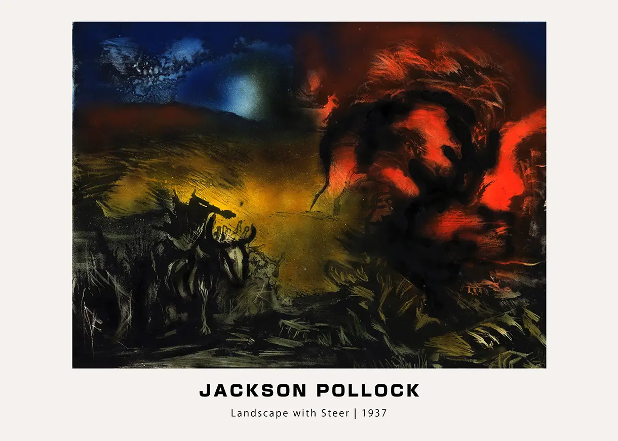 Jackson Pollock print of Landscape with Steer 1937 featuring dark gestural brushwork and fiery red abstract clouds.